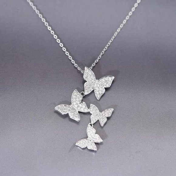 925 Sterling Silver Diamond Butterfly Necklace I - Picture 2 of 7